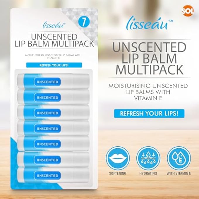 SOL 7PK UNSCENTED LIP BALM MULTIPACK MOISTURISER & HYDRATING LIPBALM REPAIR FOR DRY, CHAPPED LIPS WITH VITAMIN E - LONG-LASTING LIP CARE STICKS FOR HOME, OFFICE, OR ON-THE-GO USE - Image 3